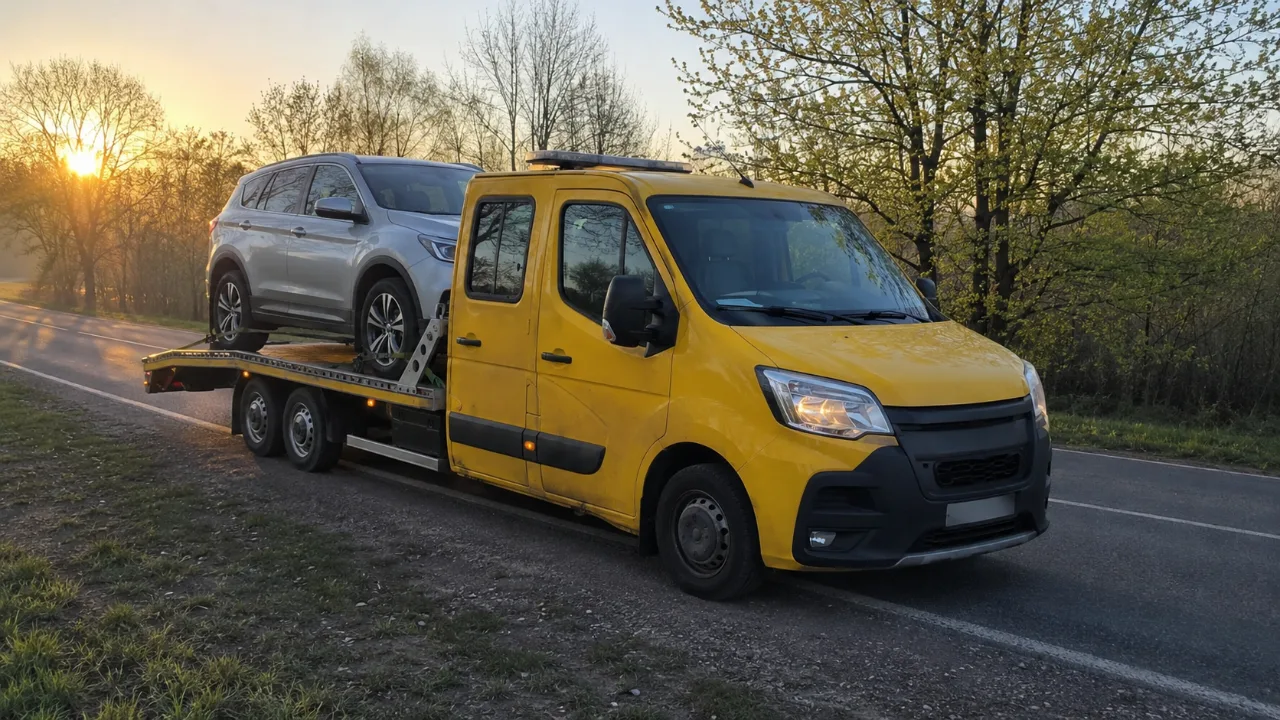 Laweta HANIK-HOL z SUV-em na platformie o wschodzie słońca – Zamość
